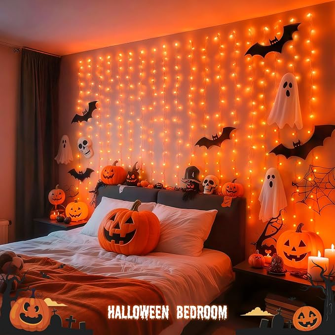 JMEXSUSS Orange Curtain Lights for Halloween, 200 LED Halloween Curtain String Lights USB Plug in, 8 Modes Orange Hanging Window Lights for Bedroom Party Indoor Outdoor Decorations