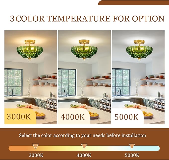 Semi Flush Mount Ceiling Light Green Crystal Glass Fixture - 12" Vintage Gold Close to Ceiling Lamp for Bedroom Hallway Kitchen Entryway, Mid Century Modern Art Deco Lighting (3-Light, E26 Base)