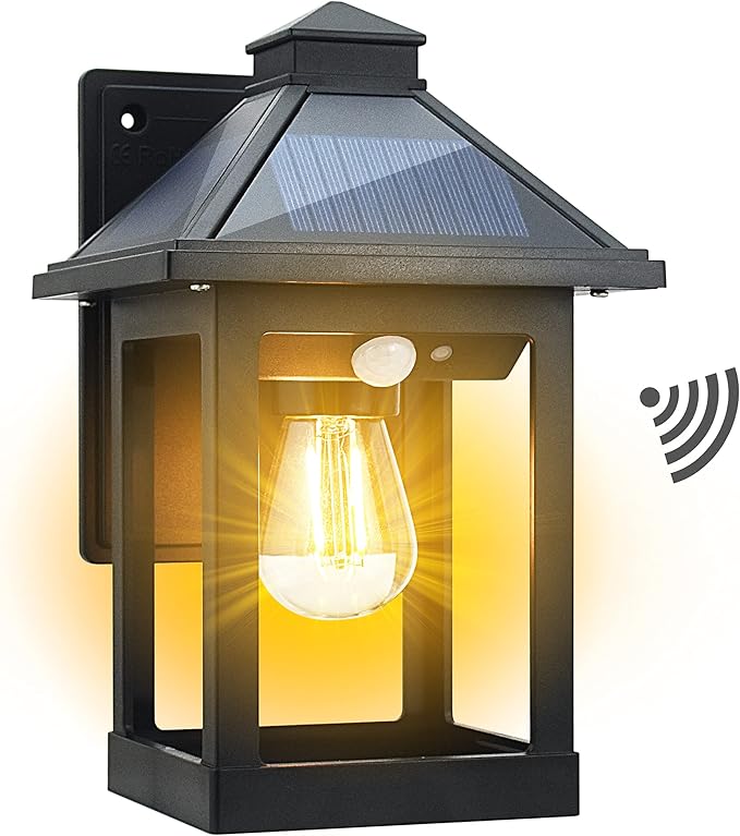 CYHKEE Solar Powered Wall Lanterns Outdoor with 3 Modes, Dusk to Dawn Motion Sensor LED Sconce Lights Waterproof, Exterior Front Porch Security Lamps Wall Mount Patio Fence Decorative Light Fixtures