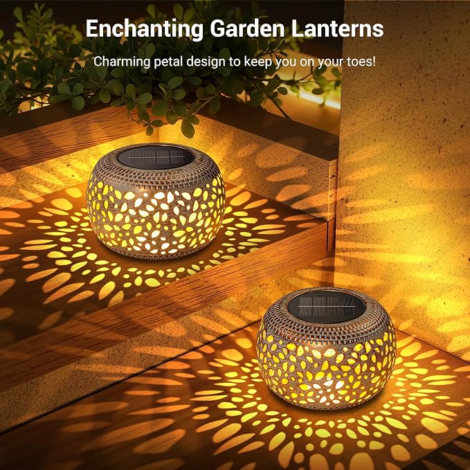 Solar Lanterns Outdoor Waterproof: 2 Pack LED Lamps for Patio - White Hollowed-Out Metal Retro Solar Light Decor Gift for Women Mom Mothers Day Yard Garden Balcony Indoor Desk Tabletop Decorations