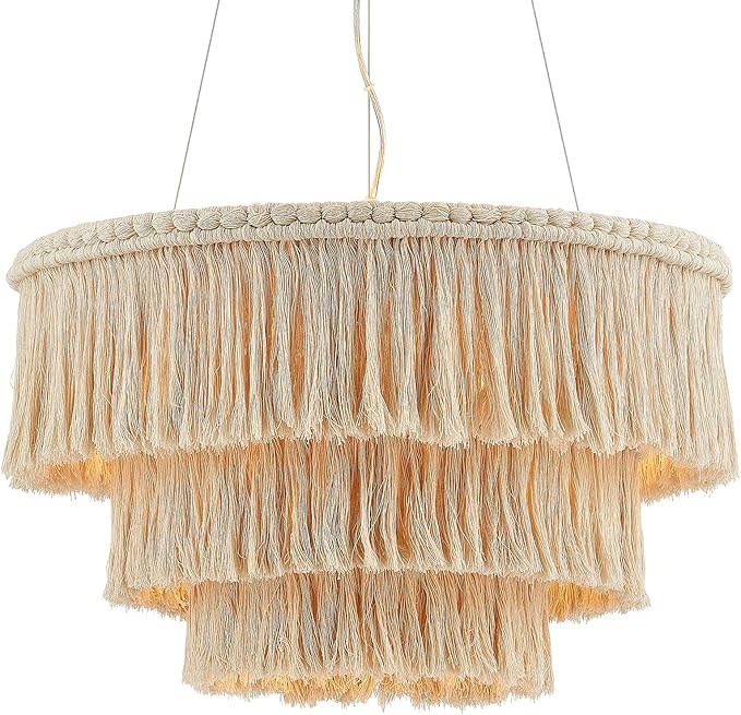24” Fringe Chandelier with Tassels 3-Tier Boho Hand Woven Pendant Light for Dining Room Kitchen Island Living Room Foyer, UL Listed