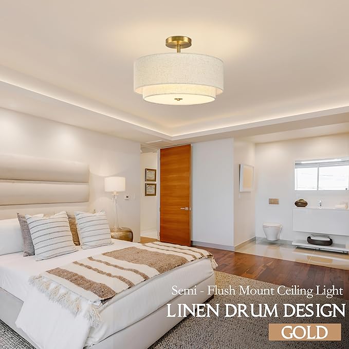 Bagood 16 Inch 3 Light Semi Flush Mount Ceiling Light Fixture Modern 2 Pack Gold Drum Ceiling Light Fixture with 2-Layer Fabric Shade Dimmable Close to Ceiling Light for Bedroom Living Room Hallway