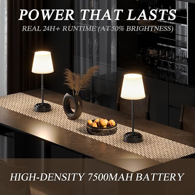 Cordless Table Lamp Rechargeable Black - 2 Pack 7500mAH Battery Operated Lamp for Decor, 3000K Stepless Dimming Touch Control Wireless Lamp for Bedroom, Dining Table, Counter, Living Room