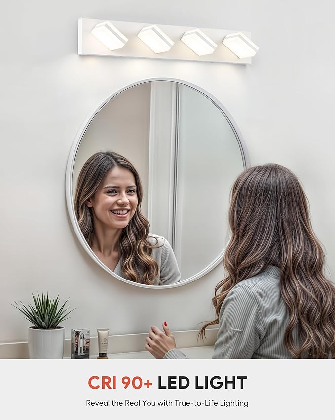VONLUCE Bathroom Vanity Light Fixture, 4-Light Modern LED Vanity Light, 3CCT Adjustable Bathroom Lights with Memory Function Rotatable Shades, 26" Wall Lighting Fixture Over Mirror, Matte White