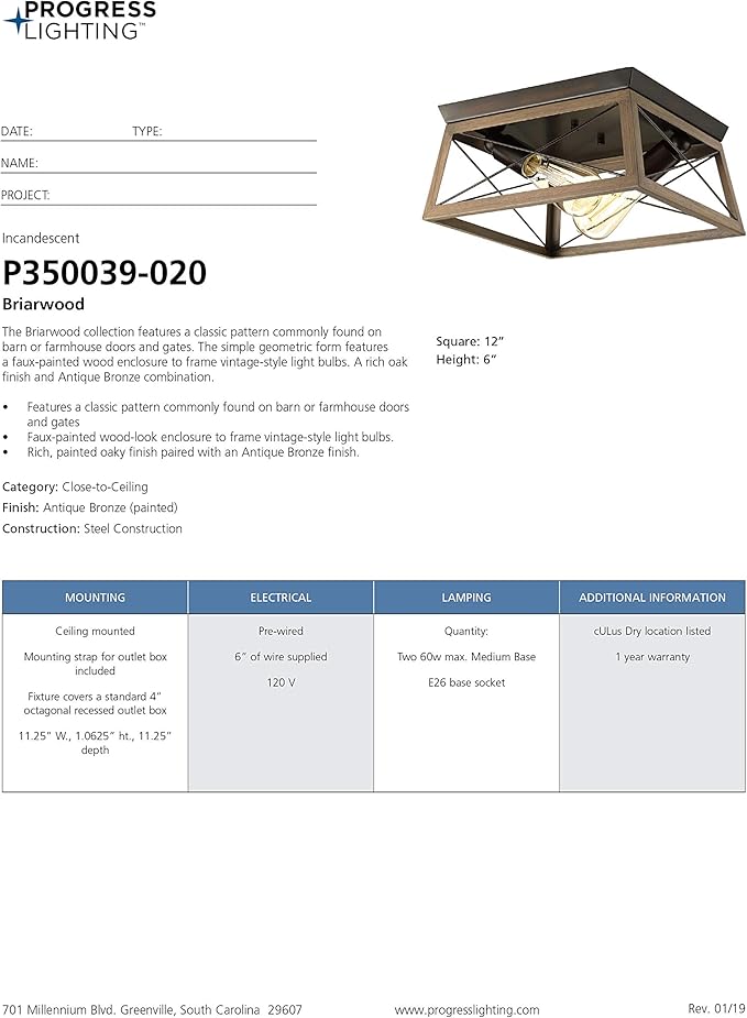 Progress Lighting 2-Light Ceiling Light, Flush Mount Ceiling Light Fixture for Interior Kitchen Lights, Hallway, Bedroom, Living Room, 12-Inch by 6-Inch, Briarwood Collection, Antique Bronze