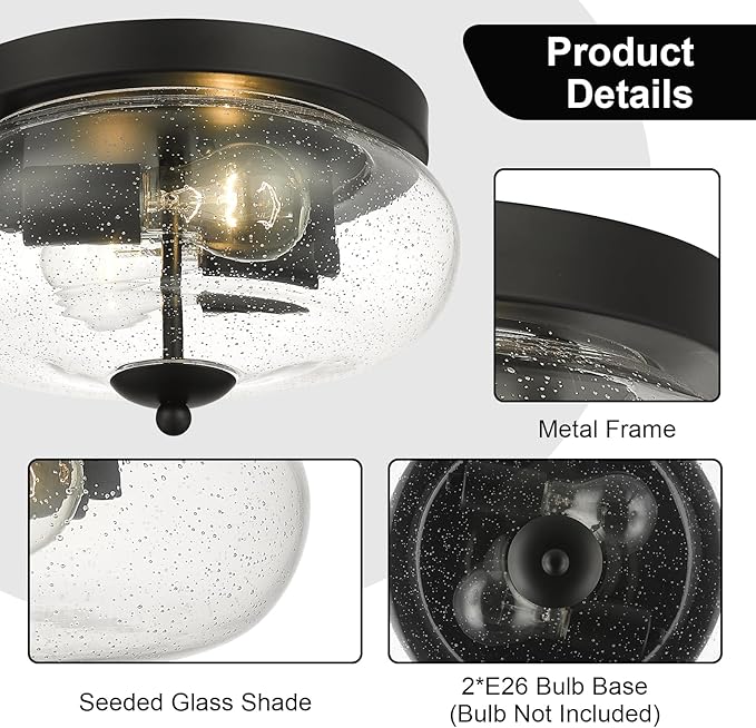 Darkaway Black Ceiling Light Fixtures, Indoor Outdoor Flush Mount Ceiling Light with Seeded Glass Shade for Farmhouse Hallway Kitchen Bedroom Porch Living Dining Room