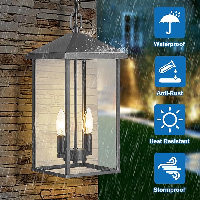 Large Outdoor Pendant Light Matte Black Hanging Light Fixture Ceiling Mount 2-Light, Dusk to Dawn Modern Large Outdoor Chandelier with Clear Glass Exterior Pendant Lights for Porch Patio