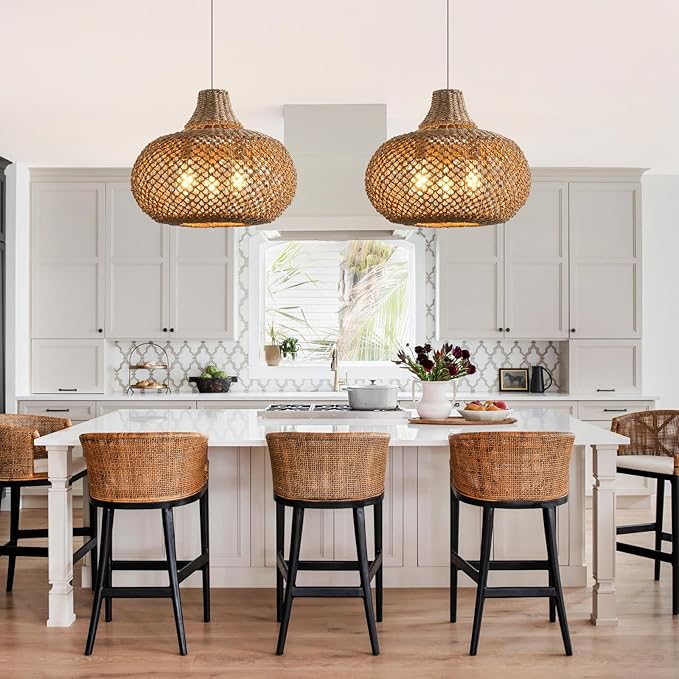 18.11" Rattan Pendant Light,Boho Hand Woven Wicker Hanging Light Seagrass Rattan Chandelier for Dining Living Bedroom