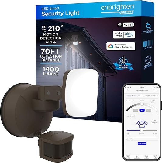 Enbrighten VIBE Smart LED Security Light, Motion Activated, Single Head, ETL Listed, UV Resistant, 1400 Lumens, 4000K, Compatible with Alexa, Google Home, Bronze, 58186
