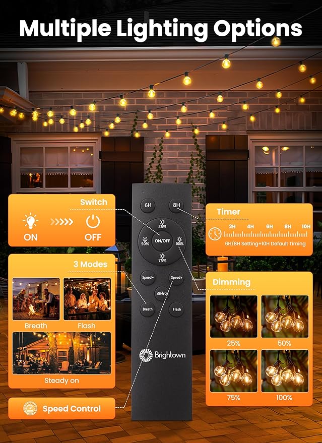 Brightown 158FT 77LED Solar String Lights Outdoor with Remote & USB Port, Shatterproof Bulbs, Dimmable & Timable, 3 Modes, Patio Lights with Mount Clips for Backyard Garden Decor - Last for 38+Hrs