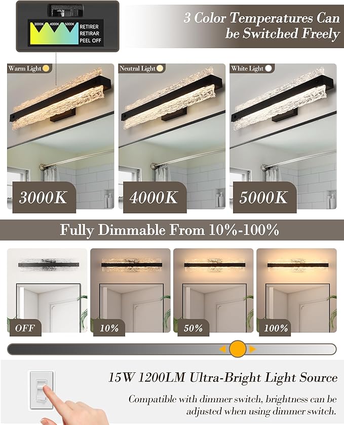 Black LED Bathroom Vanity Light, 24.4 Inch 15W Modern Dimmable Bathroom Light Fixture Over Mirror, Crystal Bar Wall Sconce Lighting for Bath, 3CCT, OS-MM5001-3BK