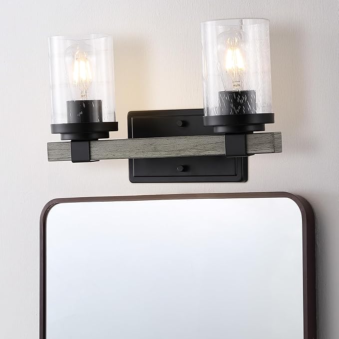 JONATHAN Y 15" Black/Gray Oak Wood Finish LED Vanity Light, Rustic Farmhouse Sconce, Clear Seeded Glass Shade, Industrial Wall Lamp for Bathroom Mirror, Kitchen Sink, LED Bulb (JYL7508B)