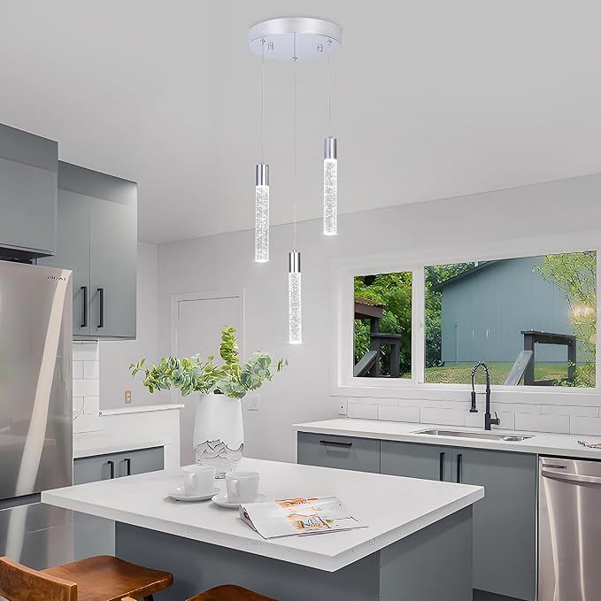 3-Light Bubble Crystal Ceiling Chrome Integrated Crystal Pendant Chandelier,Dimmable LED Ceiling Light with Adjustable Height for Kitchen Island, Dining Room & Bedroom 3000K -6000K