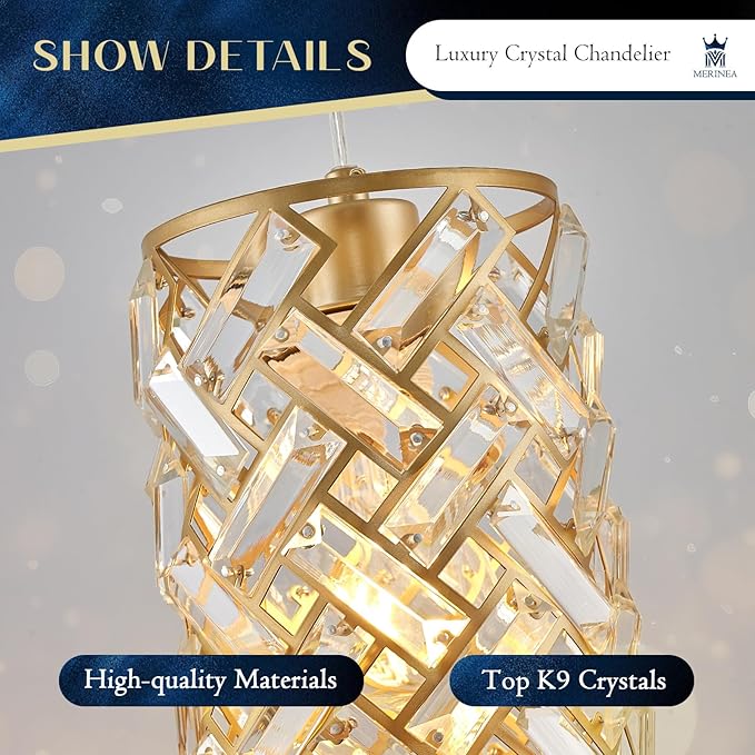 Modern Gold Crystal Pendant Light Fixture – Mini Hanging Chandelier with K9 Prisms for Kitchen Island, Bedroom, Bathroom, Dining Room, or Bar (1-Light)
