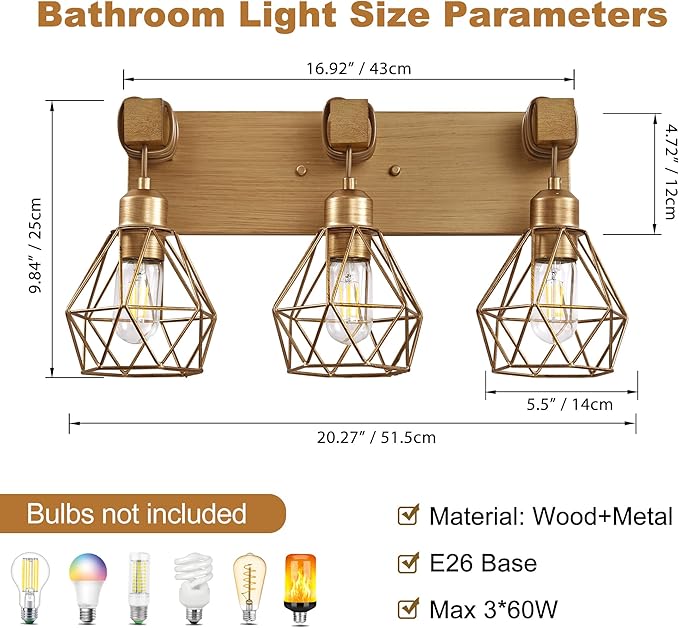 Gold Bathroom Vanity Light Fixtures, 3-Light Gold Bathroom Light Fixtures Over Mirror, Sconces Wall Lighting with Elegant Metal Lampshade for Living Room, Bedroom, Hallway