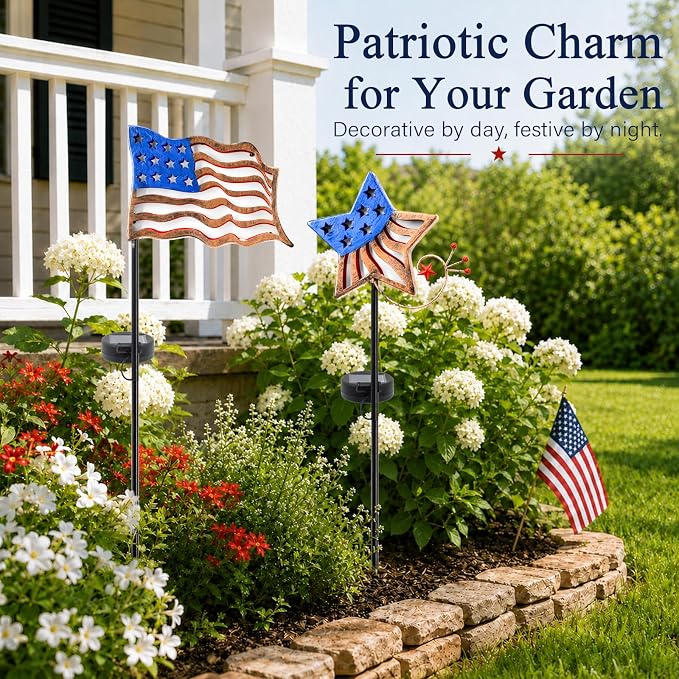 4th of July Decorations Outdoor Solar Lights, Metal American Flag Lights Patriotic Barn Stars Decorative Garden Stakes Light for Independence Day, Memorial Day Veterans Day Yard Path Lawn Decor