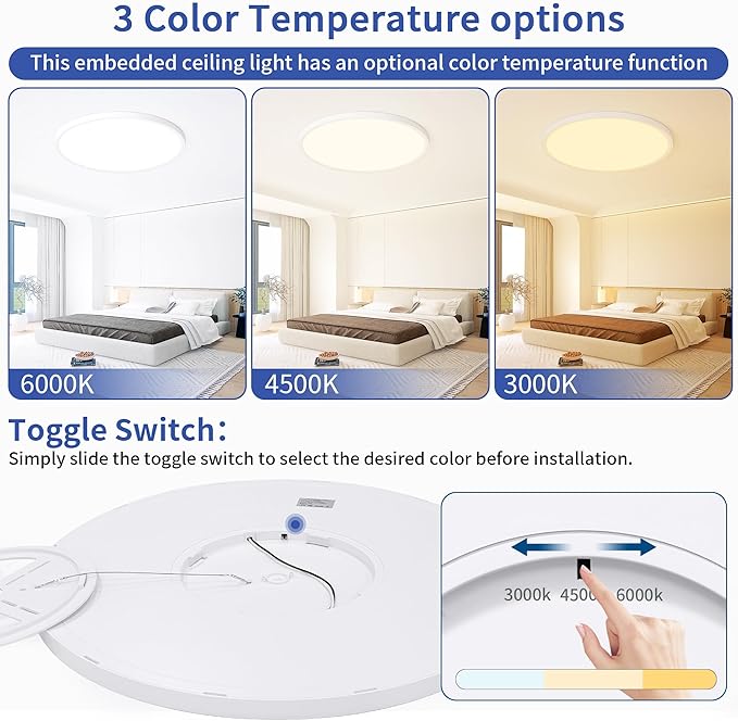 24 inch Led Ceiling Light Fixtures, 48W Ultra Thin Dimmable Flush Mount, 3000K/4000K/6500K Selectable, Round White Ceiling Lamp for Bedroom Kitchen Living Room Dining Room,White