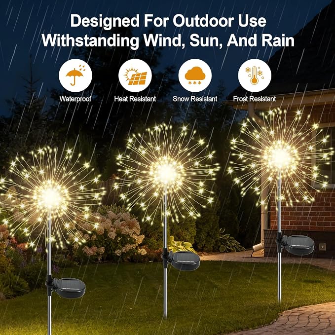 Solar Garden Lights Outdoor, 6 Pack 120 LED Twinkling Firework Lights Decorative with 2 Modes, Outdoor Waterproof Solar Starburst Light for Yard Pathway Planter Patio Decor, Warm White