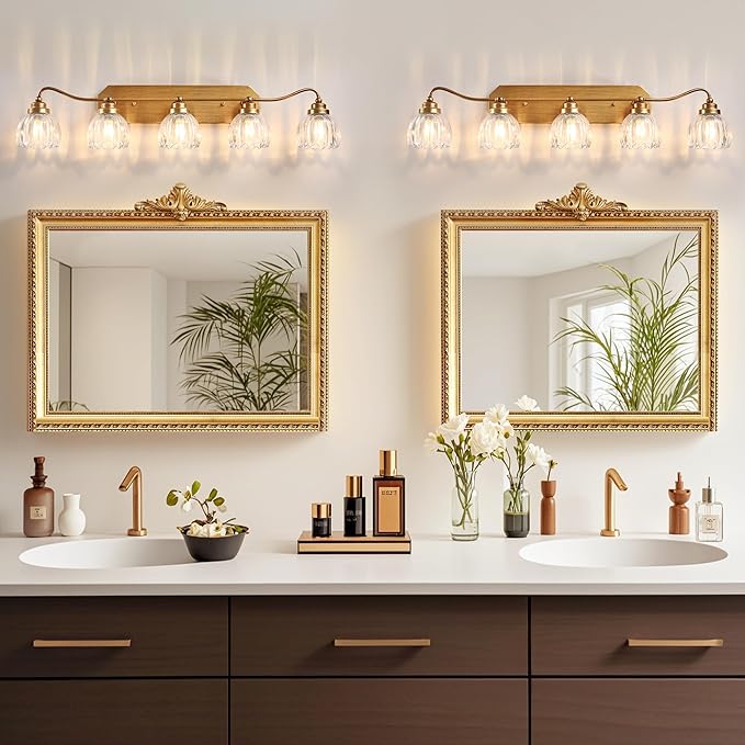 Vintage Bathroom Light Fixtures, 5 Light Gold Bathroom Vanity Light, Matte Antique Brass Finish with Crystal Glass Shade, Wall Sconces Lighting for Bedroom, Living Room, Hallway