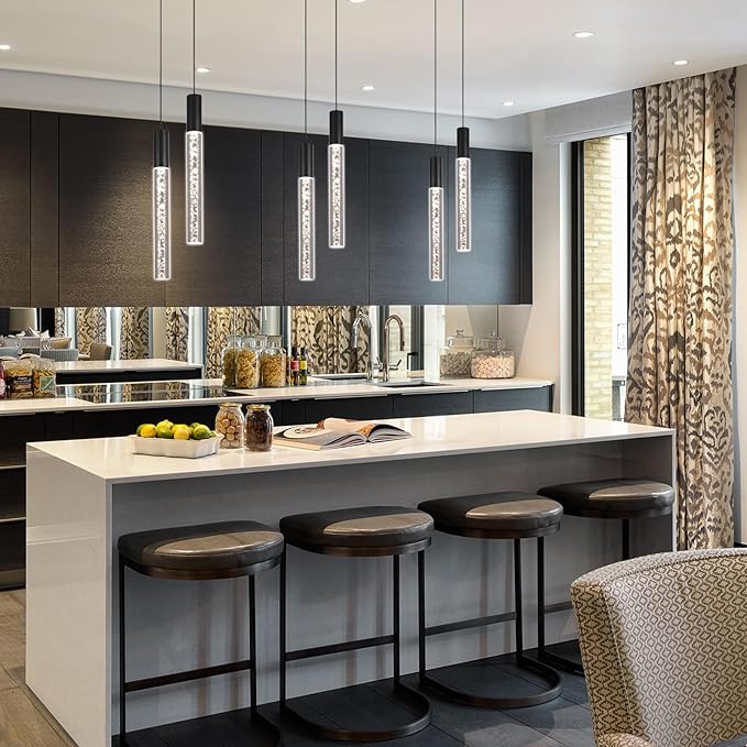 Modern Black Pendant Light Fixture 2-Light, 3-Color LED Pendant Lighting Acrylic Cord Adjustable Ceiling Hanging Lights for Kitchen Island Living Room Bedroom Dining Room