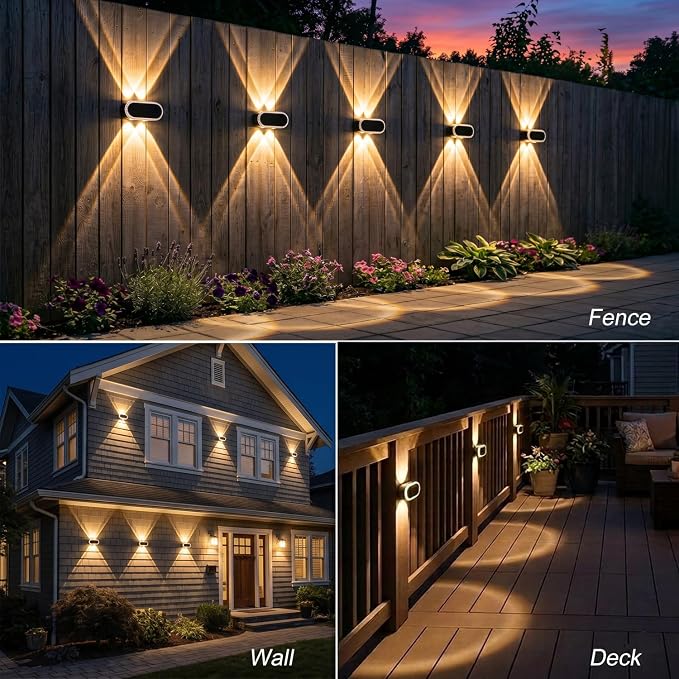 Fence Lights Solar Powered: Outdoor Wall Lighting IP65 Waterproof - Dual Focused LED Up Down - 3000K–6000K 3 Modes for Porch Backyard Patio - Diamond Crystal Cut Design 6 Pack