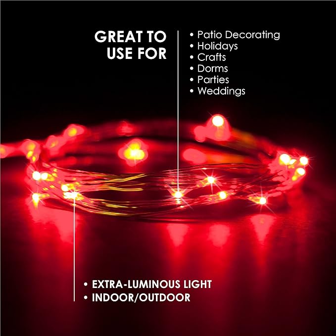 30 LED Wire Twinkle Fairy Lights, Battery Powered, Waterproof — Christmas, Holidays, Halloween, Wedding — Bedroom, Living Room — 9.5 Ft, Red, Indoor & Outdoor