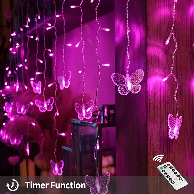 YOLIGHT Butterfly Curtain Lights, Pink Fairy Lights with Remote Timer, 8 Modes Twinkle LED for Girls' Room Dorm Garden Window Party Wedding Christmas Decor (Neon Pink), 13ft