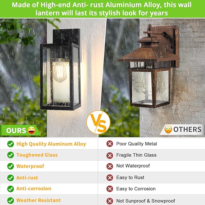 MAXvolador Outdoor Wall Sconce, Exterior Waterproof Wall Lantern Light Fixtures, Black Porch Lights with Toughened Glass Shade, Anti-Rust E26 Socket Front Door Mount Lighting, 2 Pack