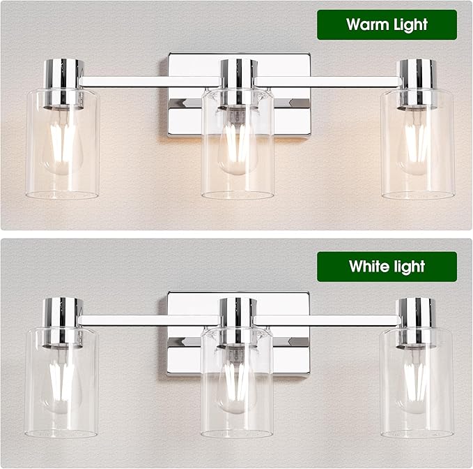 3-Light Modern Vanity Light Fixtures Over Mirror, Polished Chrome Bathroom Light Fixtures, Vanity Lights, Wall Sconce with Clear Glass Shade for Bathroom, E26 Base