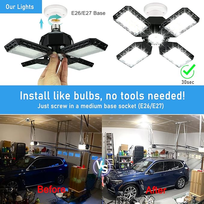 LED Garage Light,150W Deformable Garage Ceiling Lights,15000LM, 4 Adjustable Panels, E26/E27 Shop Lights for Basement, Barn, Workshop,High Bay Light