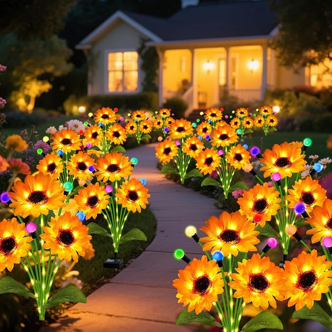 Solar Garden Lights-6 Pack Solar Sunflowers with Multicolor Changing Swaying Firefly Lights, Birthday for Mom Women,Waterproof Firefly Sunflower Light for Outdoor Patio Yard Decor