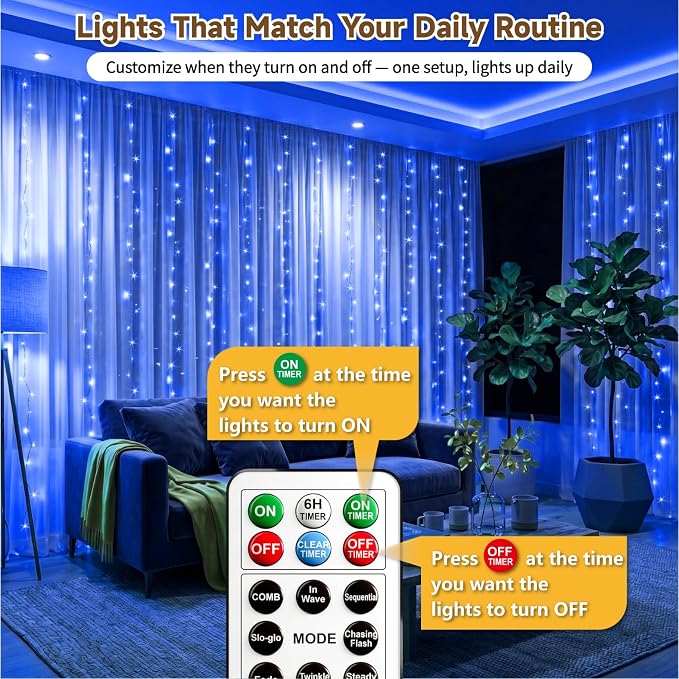 HXWEIYE 300LED Untangled Curtain Lights, 9.8x9.8Ft USB Fairy Twinkle String Lights with Remote and DIY Timer, 8 Modes Window Wall Hanging Light for Bedroom Dorm Backdrop Room Decor, Blue