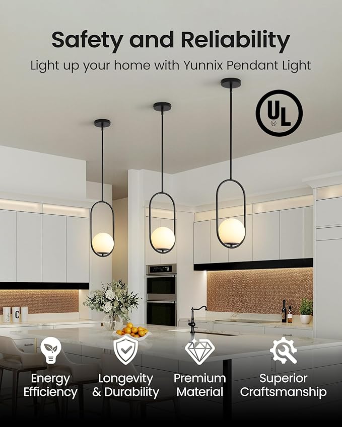 Yunnix Pendant Lights Kitchen Island, Pendant Light Fixtures, Modern Black Globe Glass Pendant Lighting, Mid Century Chandelier One Light for Bathroom Bedroom Dining Room(Bulb Not Included)