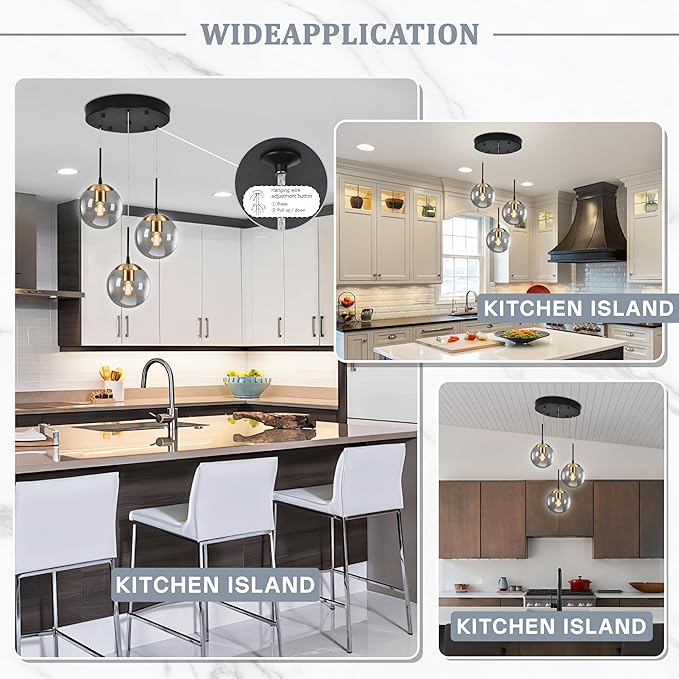 KoKo&Yukina Gold 3-Light Globe Pendant Light Modern Globe Chandelier Light Fixture Hanging Lights Adjustable with Grey Glass Pendant Lights Kitchen Island