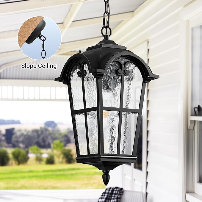 VIANIS 18.7'' Large Outdoor Pendant Lights, Black Hanging Porch Light Fixture, Aluminum Outside Ceiling Lighting for House, Porch, Doorway, Vintage Style, Waterproof and Anti-Rust, 1-Pack