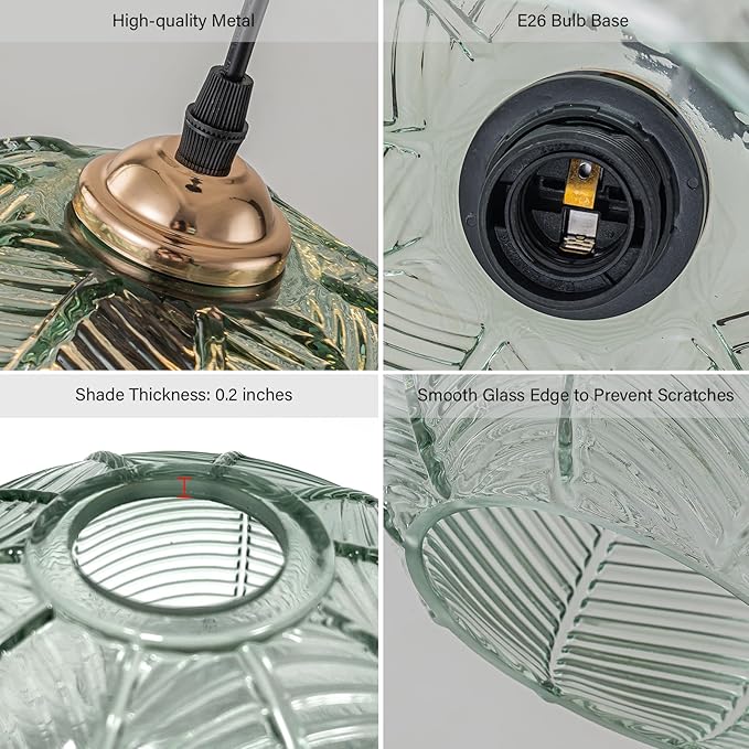 Green Pendant Light 7.8" Glass Globe Pendant Lighting Vintage Pendant Light Kitchen Island Lights Ceiling Hanging Ribbed Glass Chandelier Light Fixture for Dining Room Living Room Bedroom