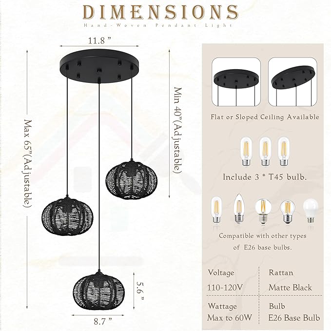 12" Boho Black 3-Light Boho Chandeliers for Kitchen Island Hand-Woven Boho Rattan Chandeliers Dimmable Adjustable Hanging Wicker Chandelier for Dining Room Living Room（Bulb Incl.）