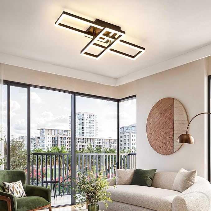 EIDISUNY Modern Led Ceiling Light Fixtures, Black Flush Mount 3-Square Ceiling Light with Remote Control&APP, Dimmable, 40W Acrylic for Bedroom, Kitchen, Dining Room