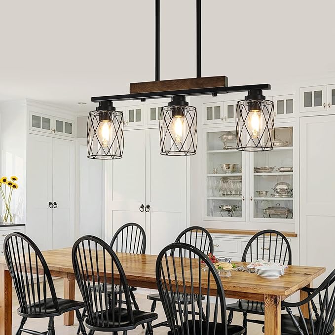 3-Light Dining Room Light Fixture/Chandelier Over Table, Island Lighting Hanging for Farmhouse Linear Chandeliers Matte Black Rustic Wood Ceiling Pendant Light Fixtures, with Clear Glass Shade