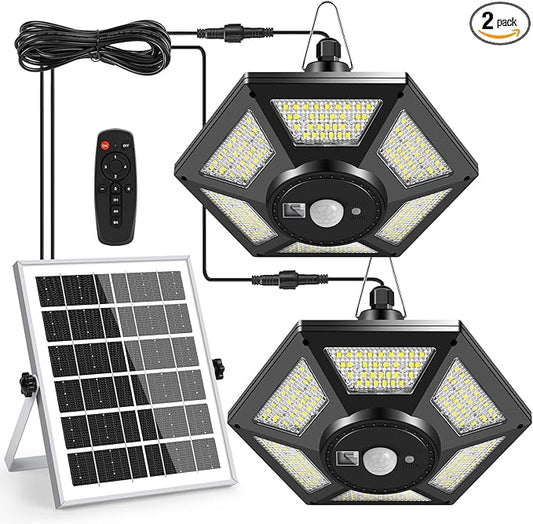 Deogos Solar Pendant Lights, Dual Head Solar Shed Lights with Motion Sensor for Outdoor,180 LED Solar Indoor Lights with Remote Control for Barn Gazebo Garage Garden Home