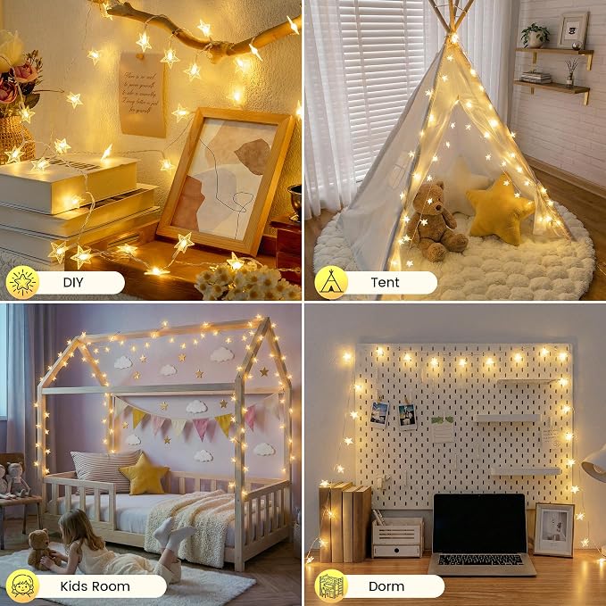HEYFUNi Warm White Star String Lights with Remote, 16ft 50 LED | Cute Fairy Lights USB & Battery Operated, 8 Modes & Timer, Waterproof Hanging Star Decor for Bedroom, Nursery, Dorm Decor