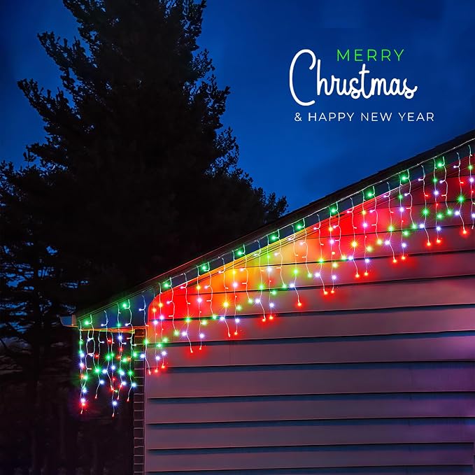 WBao Christmas Lights Outdoor, 432 LED 33FT Icicle Lights with 81 Drops, Remote Control, 3 Timer Settings, 8 Modes, Waterproof, Connectable Fairy Lights for Holiday Party Eaves Decor, Red Green White