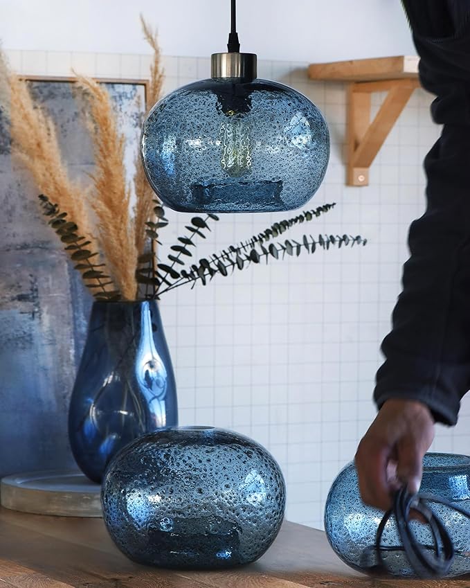 CASAMOTION Pendant Lighs Kitchen Island Hand Blown Glass Marble Blue Color Modern Rustic Style Ceiling Hanging Light Fixtures Dining Room Brushed Nickel 8.7 Inch Diam 2 Pack