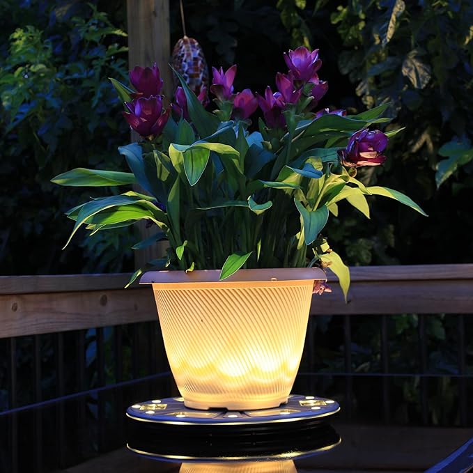 Gama Sonic 15" Illuminated Plant Stand for Outdoor, Solar Power, Grey Base for Exterior Potted Plants, Entryway, Pathway, Landscape Planter Lighting (78i50865)