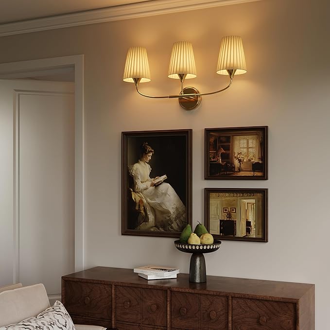 Bathroom Light Fixtures Over Mirror, 3 Light Vanity Light for Bathroom, Gold Vanity Light Fixtures with Flared Ivory White Fabric Shade, E26 Socket Modern Sconce Wall Decor(ETL Listed)