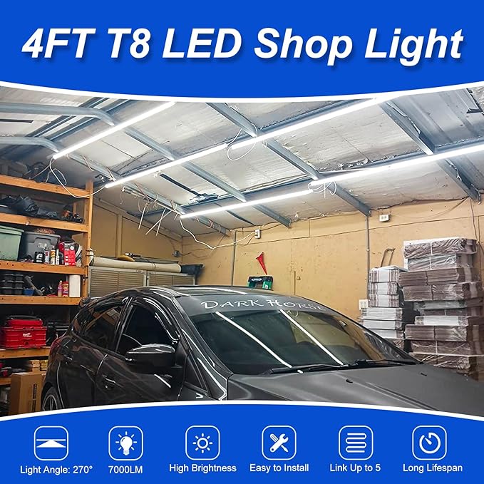 Led Shop Lights,4FT LED Light 50W 6500K 7000LM Led Daylight,Garage Light Linkable Clear Cover Integrated V-Shape for Garage Warehouse Workbench Workshop(8-Pack)