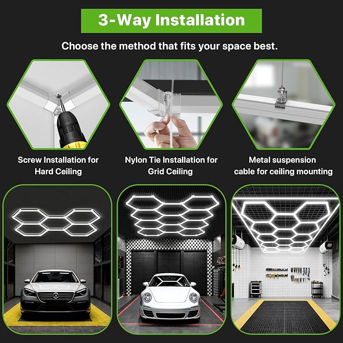 Glitgate Hexagon LED Garage Light, 579W 63690LM 14-Grid Honeycomb Hex Lighting System, 6500K Ultra Bright Ceiling Light for Garage, Car Detailing Shop, Workshop, Basement, Gym