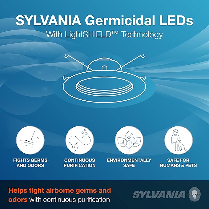 Sylvania 5"/6" Recessed Downlight Kit with LightSHIELD Technology, Germicidal LED, 9W = 65W, 700 Lumens, 5 CCT Color Select (2700K / 3000K / 3500K / 4000K / 5000K), Dimmable, White (75748) (Pack of 1)