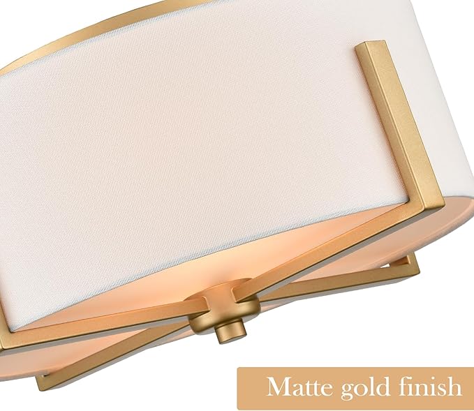 Gold Drum Ceiling Light Fixture with Linen Shade, 2-Light, 15.74"L x 15.74"W x 7.87"H, Warm White, Indoor, Modern, Living Room