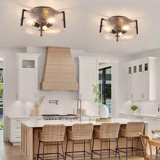 15'' Modern Black Semi Flush Mount Ceiling Light Fixtures, 3-Light Glass Ceiling Mount Light Fixtures, Close to Ceiling Light Fixtures for Kitchen Foyer Entryway Bedroom Hallway Laundry
